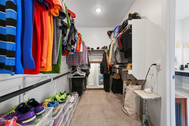 walk in closet with light carpet