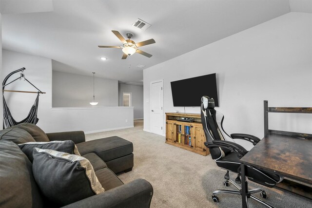 office with ceiling fan, light carpet, and lofted ceiling