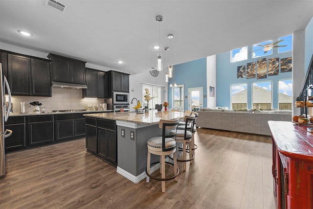 kitchen with appliances with stainless steel finishes, a kitchen island with sink, pendant lighting, and dark hardwood / wood-style floors