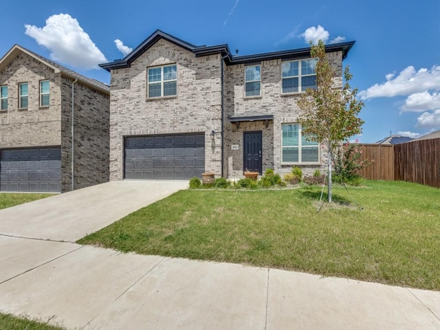 view of front of house featuring concrete driveway, an attached garage, fence, a front lawn, and brick siding