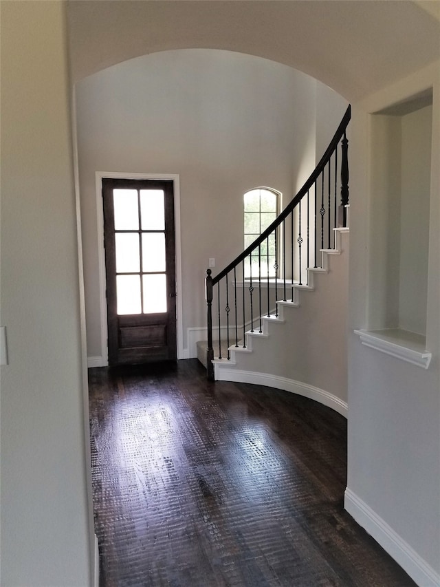 entrance foyer with dark hardwood / wood-style flooring and a healthy amount of sunlight