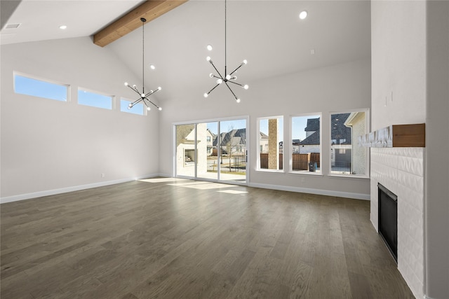 unfurnished living room featuring beam ceiling, dark wood-type flooring, high vaulted ceiling, and a chandelier