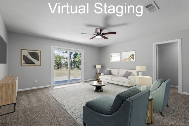 carpeted living room featuring ceiling fan