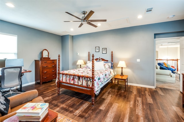 bedroom featuring ceiling fan and dark wood-type flooring