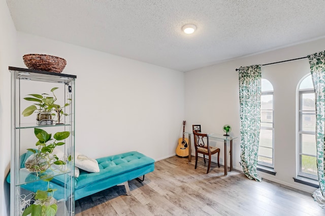 sitting room featuring light hardwood / wood-style floors and a textured ceiling