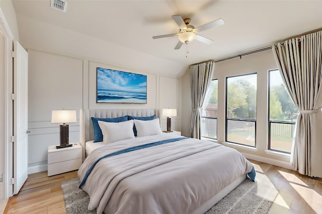 bedroom featuring ceiling fan and light hardwood / wood-style floors