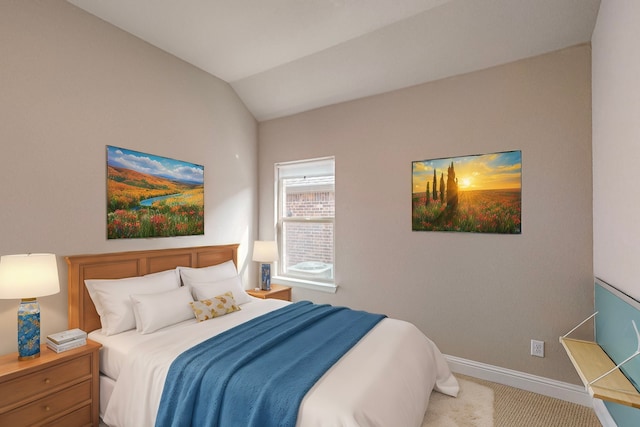 bedroom with light carpet and vaulted ceiling