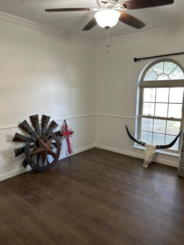 interior space featuring dark hardwood / wood-style flooring, ornamental molding, a textured ceiling, and ceiling fan