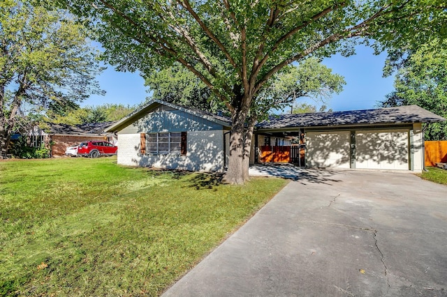 ranch-style home with a front lawn and a garage