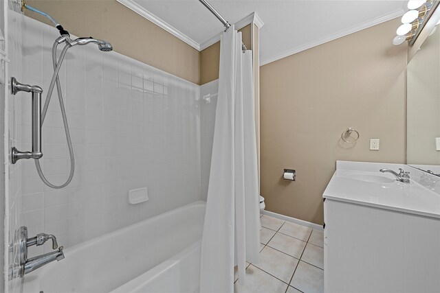 full bathroom with crown molding, toilet, shower / bath combo with shower curtain, and vanity