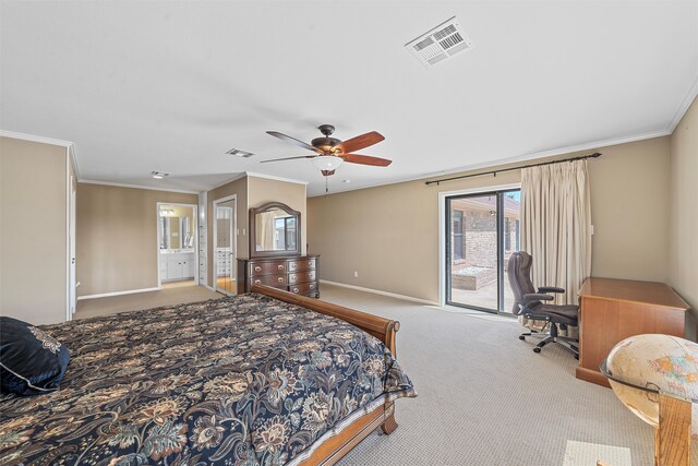 carpeted bedroom with ceiling fan, access to outside, connected bathroom, and crown molding