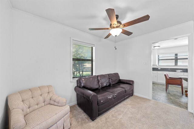 carpeted living room featuring ceiling fan and ornamental molding