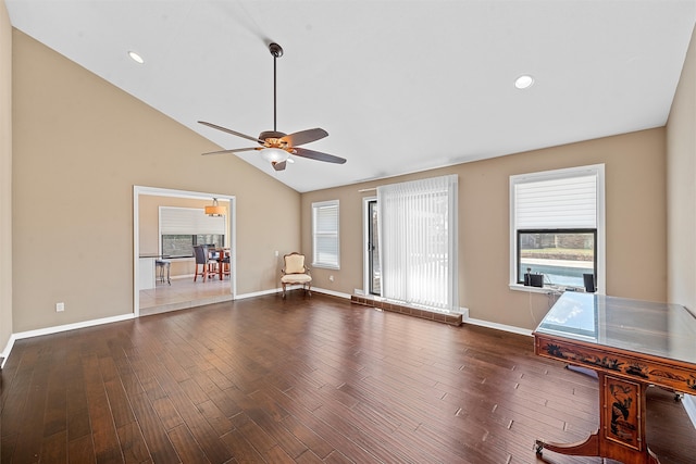 unfurnished living room featuring tile patterned floors, high vaulted ceiling, and ceiling fan