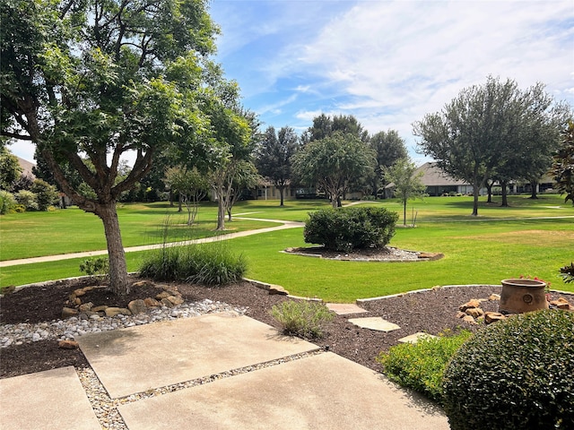 surrounding community featuring a lawn and a patio area