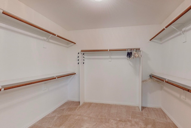 walk in closet featuring light colored carpet