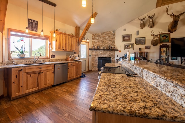 kitchen with dishwasher, high vaulted ceiling, dark hardwood / wood-style flooring, and a fireplace