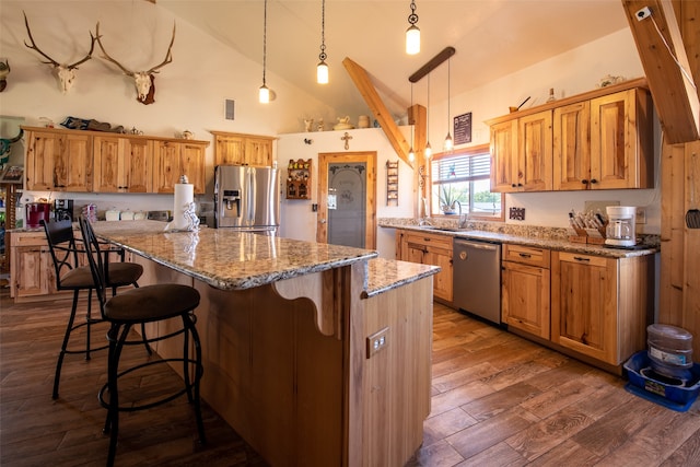 kitchen with high vaulted ceiling, dark hardwood / wood-style flooring, light stone counters, hanging light fixtures, and appliances with stainless steel finishes