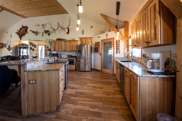 kitchen with hanging light fixtures, light stone countertops, stainless steel appliances, sink, and dark hardwood / wood-style floors