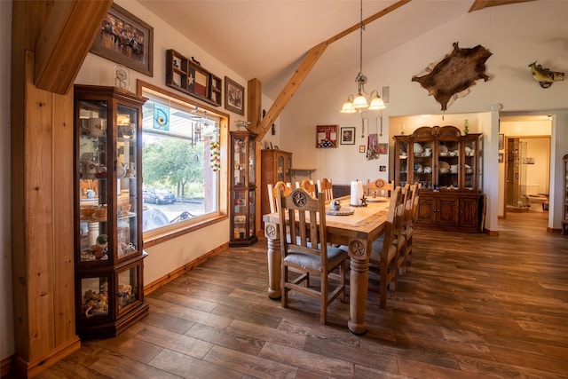 dining area featuring beamed ceiling, high vaulted ceiling, a notable chandelier, and dark hardwood / wood-style floors