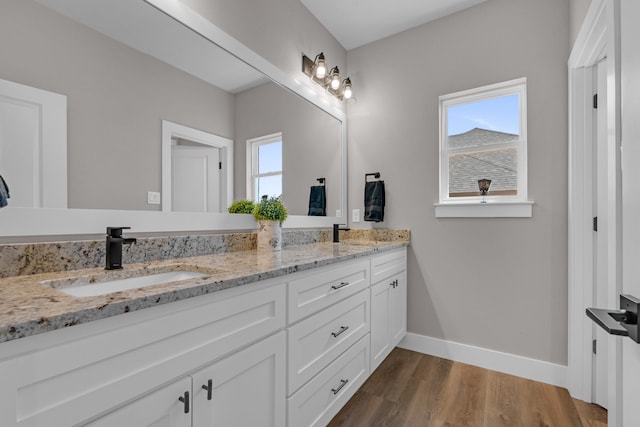 bathroom with a wealth of natural light, vanity, and hardwood / wood-style floors