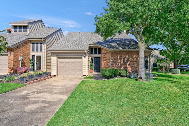view of front of house featuring a garage, concrete driveway, brick siding, a front lawn, and roof with shingles