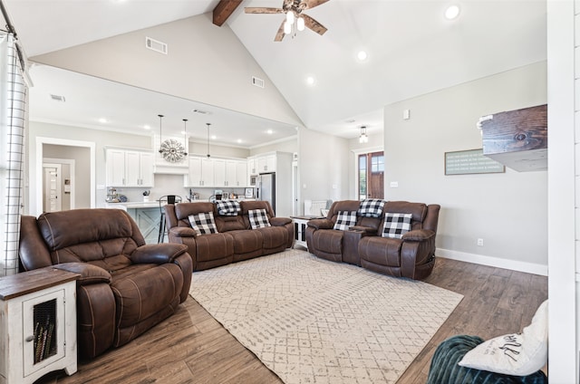 living room with high vaulted ceiling, ceiling fan, beam ceiling, and dark hardwood / wood-style flooring