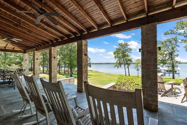 view of patio / terrace featuring ceiling fan and a water view