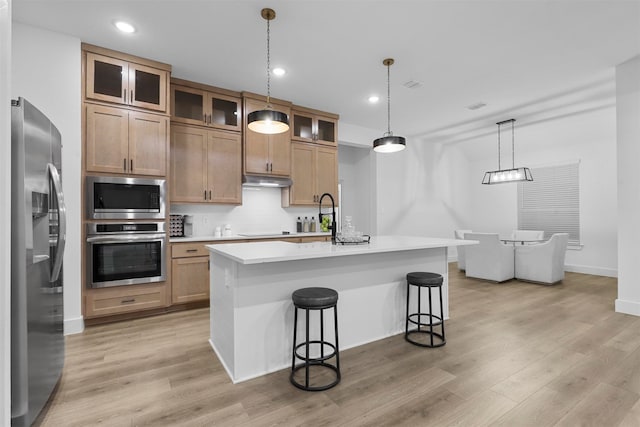 kitchen featuring light wood-type flooring, a kitchen island with sink, appliances with stainless steel finishes, and decorative light fixtures