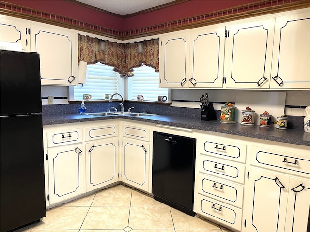 kitchen with backsplash, light tile patterned floors, black appliances, and sink