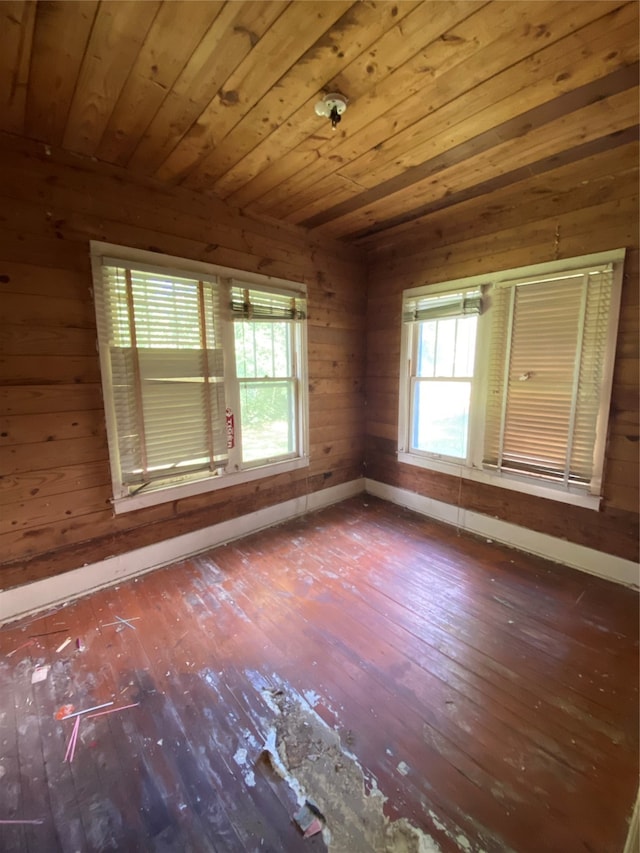 spare room featuring wooden ceiling, wood-type flooring, plenty of natural light, and wooden walls