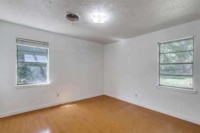 unfurnished room with plenty of natural light, light hardwood / wood-style flooring, and a textured ceiling