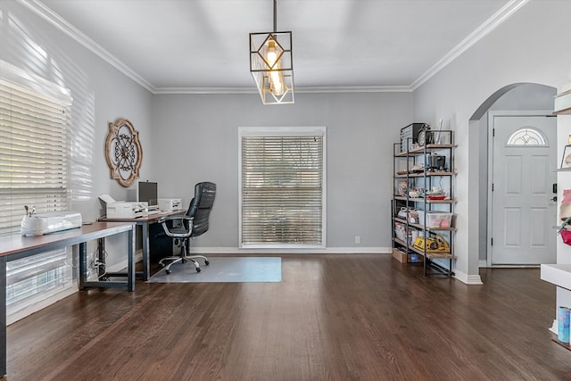 office space featuring dark hardwood / wood-style floors, ornamental molding, and a healthy amount of sunlight