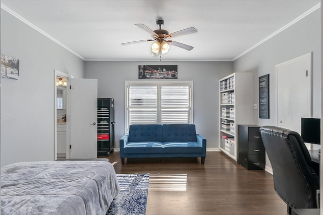 bedroom featuring ceiling fan, ornamental molding, and dark hardwood / wood-style floors