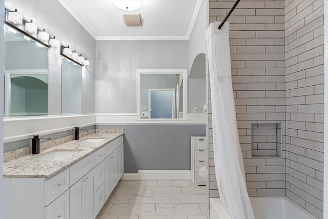 bathroom with tile patterned flooring, double sink vanity, ornamental molding, and shower / tub combo with curtain