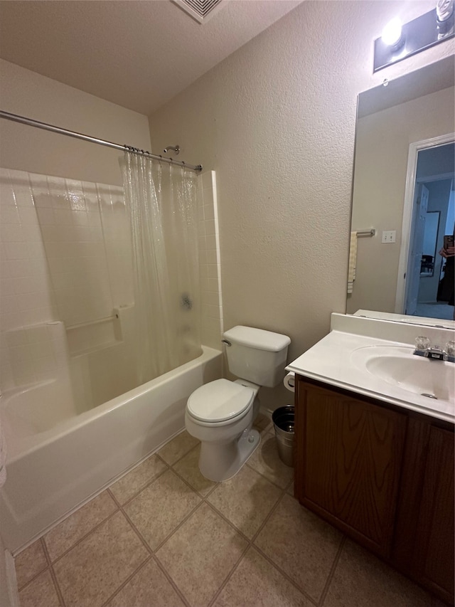 full bathroom with toilet, vanity, shower / bath combo, and tile patterned floors