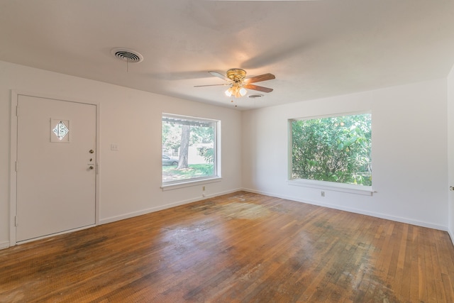 foyer entrance featuring hardwood / wood-style flooring and ceiling fan