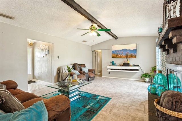 living room featuring ceiling fan, a brick fireplace, light tile patterned floors, and lofted ceiling with beams