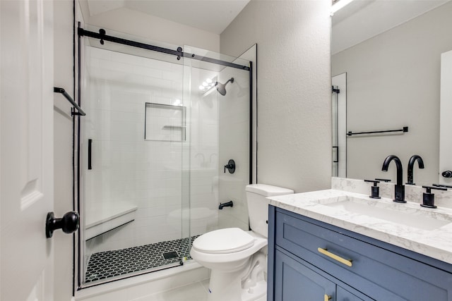 bathroom featuring a shower with door, toilet, and vanity