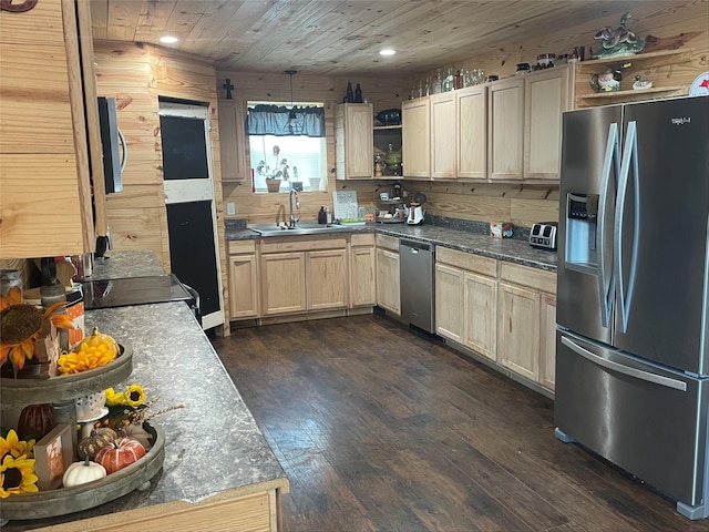 kitchen featuring wood walls, wooden ceiling, dark wood-type flooring, sink, and appliances with stainless steel finishes