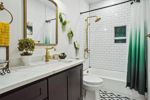 full bathroom with vanity, toilet, and shower / bathtub combination with curtain