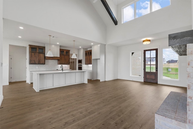 foyer entrance with dark hardwood / wood-style floors, high vaulted ceiling, and sink