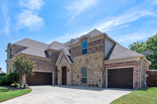 french country home with stone siding, roof with shingles, concrete driveway, and an attached garage