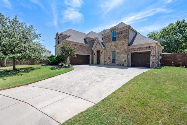 french provincial home with concrete driveway, an attached garage, fence, and a front yard