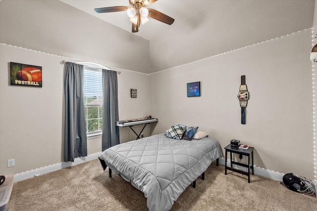 bedroom with lofted ceiling, carpet flooring, baseboards, and ceiling fan