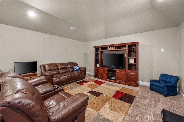 living room featuring lofted ceiling, light colored carpet, and baseboards