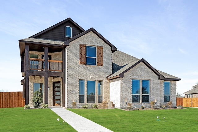 view of front of property featuring brick siding, a front lawn, and a balcony