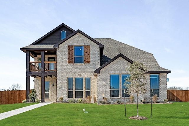 view of front of property featuring a balcony, brick siding, fence, and a front yard