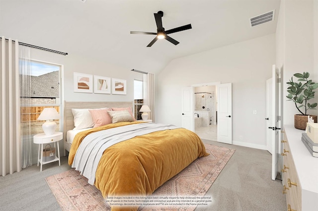 bedroom featuring light carpet, visible vents, baseboards, lofted ceiling, and ceiling fan