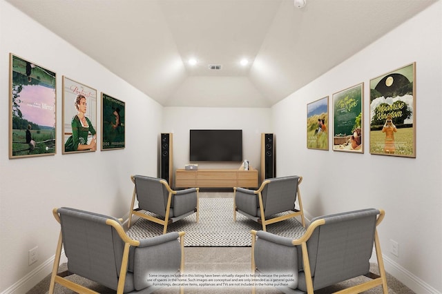 interior space with baseboards, visible vents, lofted ceiling, carpet flooring, and recessed lighting