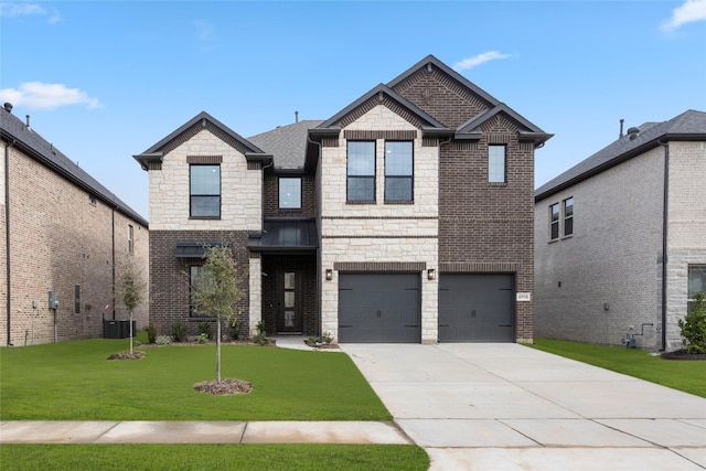 view of front of property with cooling unit, a front lawn, and a garage